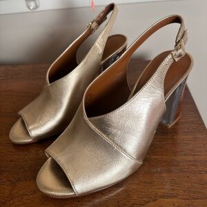 Nine West Morenzo leather metallic gold peep-toe pump with lucite heel